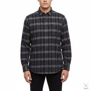 Eddie Bauer Mens Flannel Shirt LT Heather Charcoal Plaid Long Sleeve Button Down